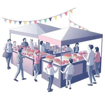 A crowded market scene filled with various stalls. Each stall features an assortment of items related to strawberries. One stall displays baskets overflowing with fresh strawberries, while another showcases strawberry jams and preserves in jars. A third stall offers strawberry-themed baked goods, such as tarts and cakes, arranged neatly on display. People are strolling through the market, some tasting samples, while children point excitedly at the vibrant offerings. Colorful decorations hang above the stalls, enhancing the festive atmosphere.