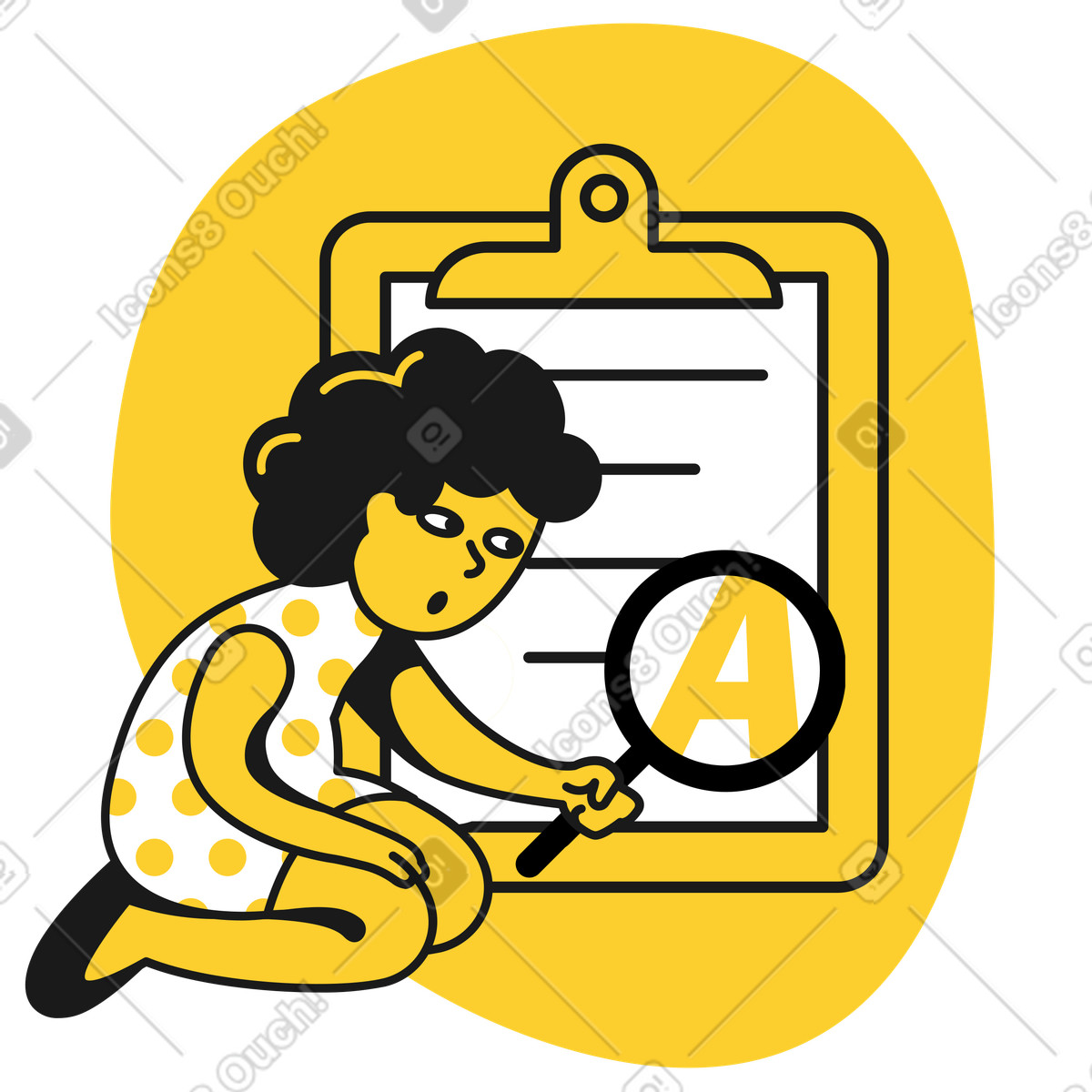 Ilustración Chica leyendo la letra pequeña de un documento en estilo Taxi a descargar en PNG y SVG