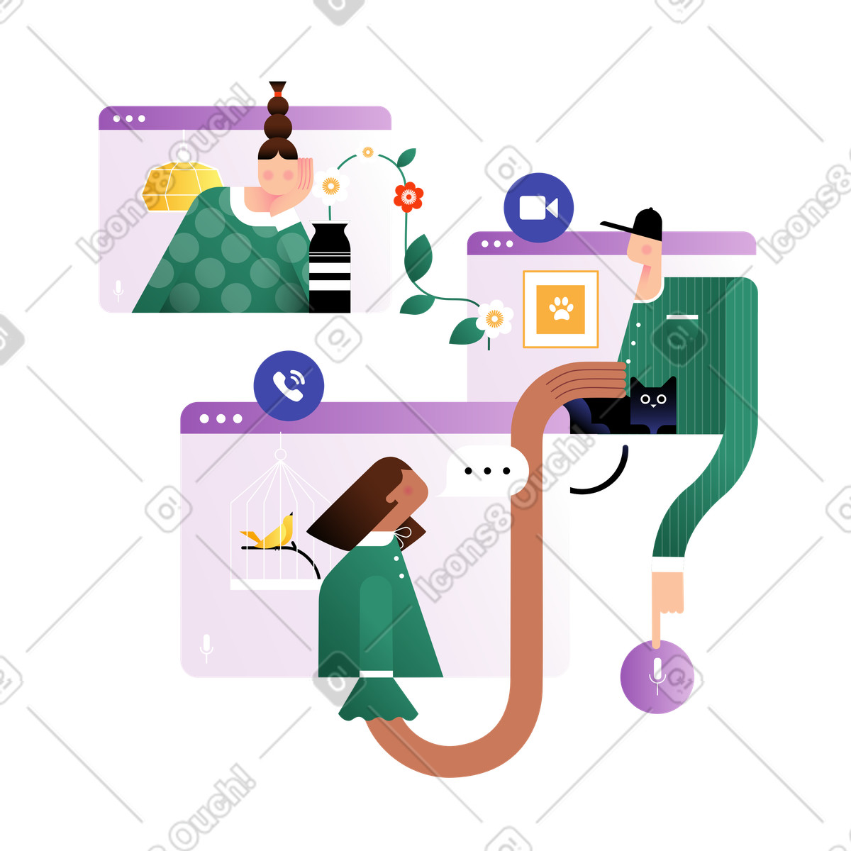 Group video call with pets and plants, Remote collaboration social interaction illustration in Wavy style download in PNG, SVG