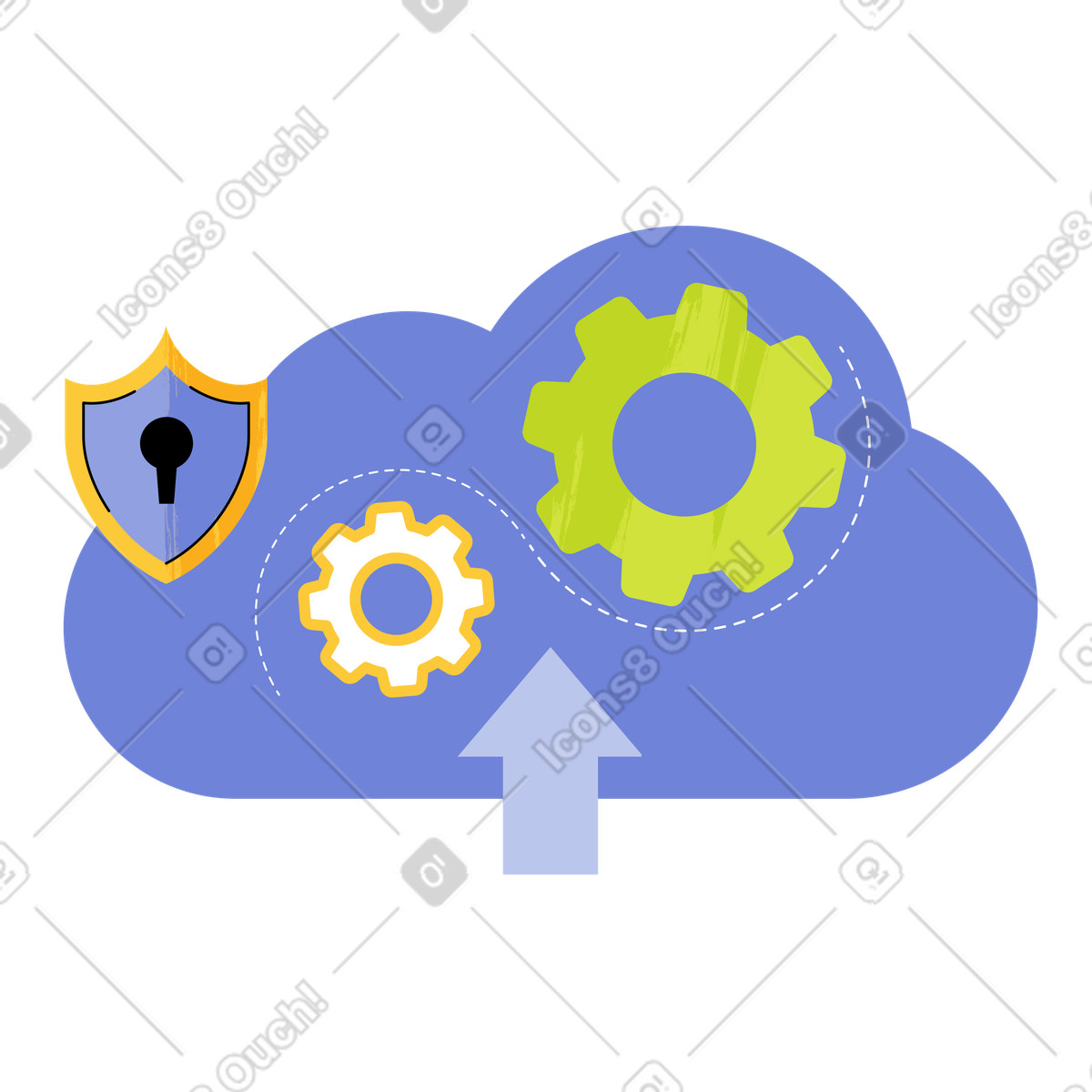 Illustration Cloud with gear icons and security shield, storage configuration protection dans le style Juicy à télécharger aux formats PNG, SVG