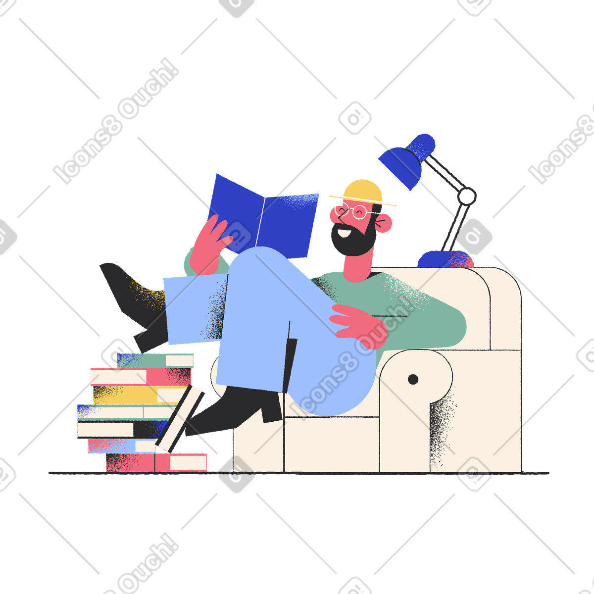 Man sitting on armchair reading books illustration in Pablo style download in PNG, SVG