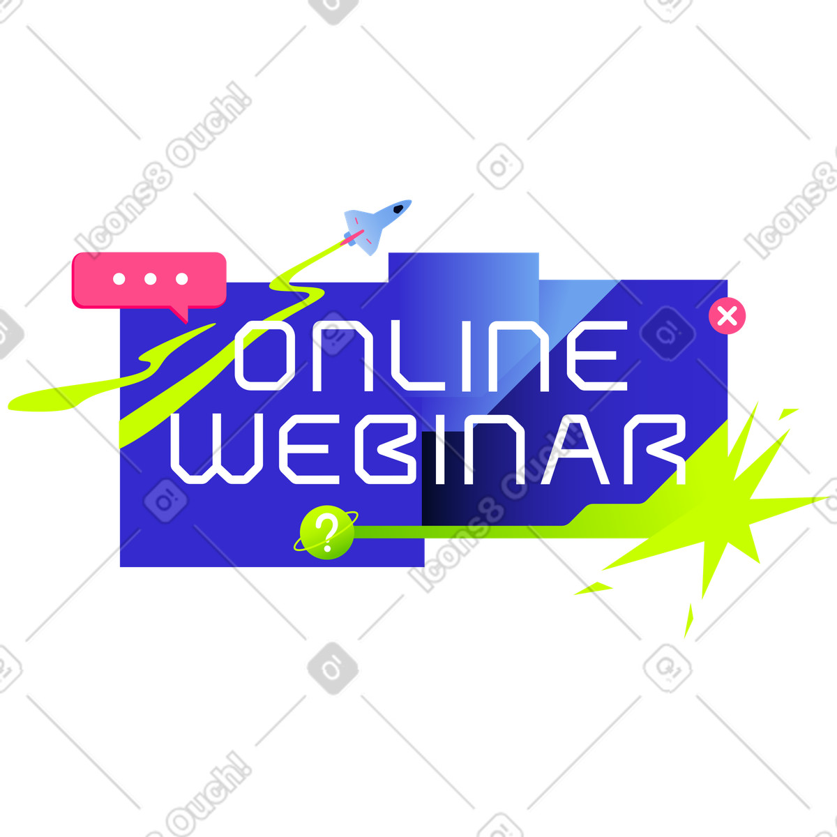 Lettering online webinar text with rocket illustration in Space style download in PNG, SVG