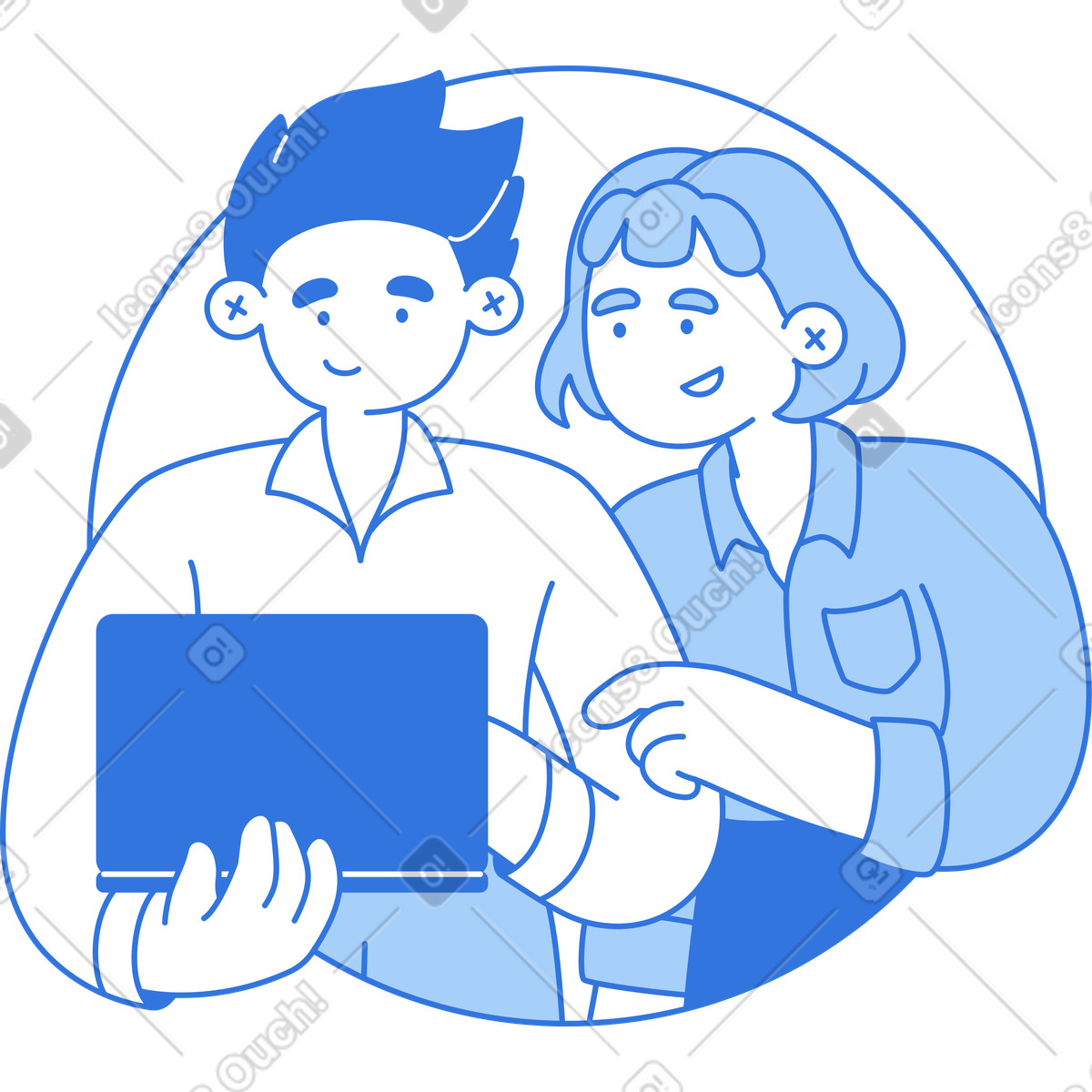 Ilustração de Jovem homem e mulher olhando para um laptop em no estilo Sky baixar em PNG, SVG