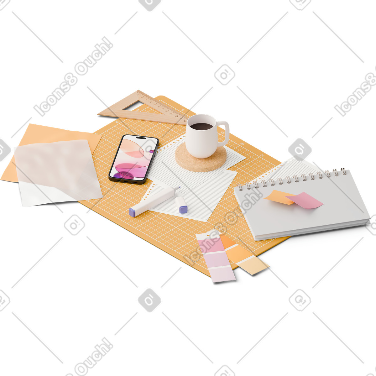 Ilustración Vista isométrica del escritorio de diseño con teléfono inteligente, marcadores y paleta colores en estilo 3D Hygge a descargar en PNG SVG