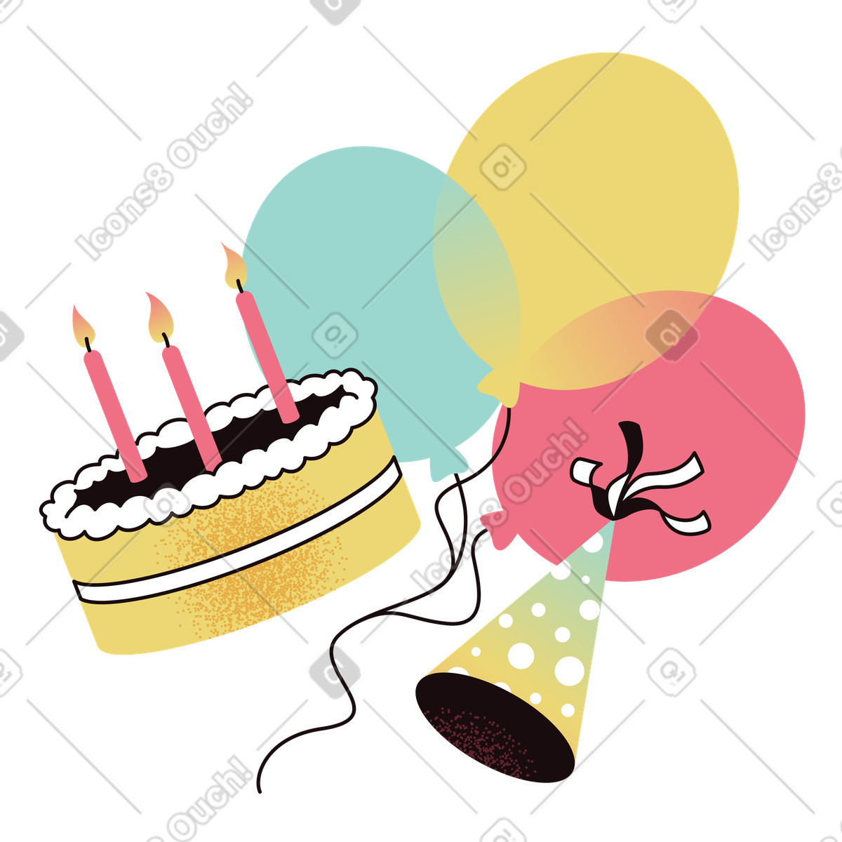 Birthday cake, balloons and cap illustration in Delight style download in PNG, SVG