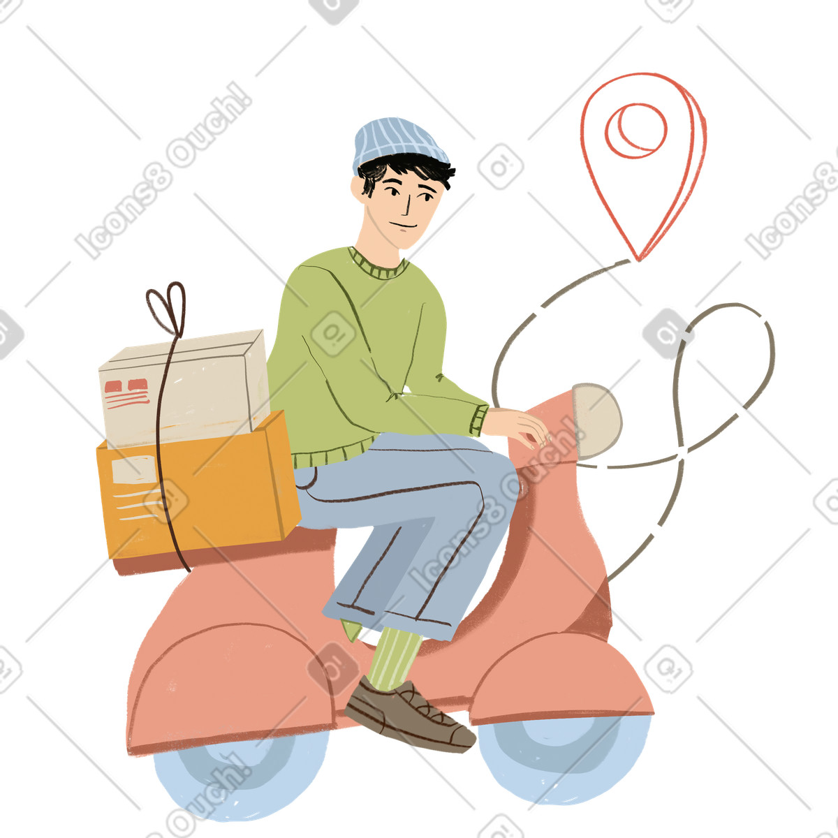 Ilustración Hombre entregando paquetes en una scooter estilo Lumiere a descargar PNG y SVG