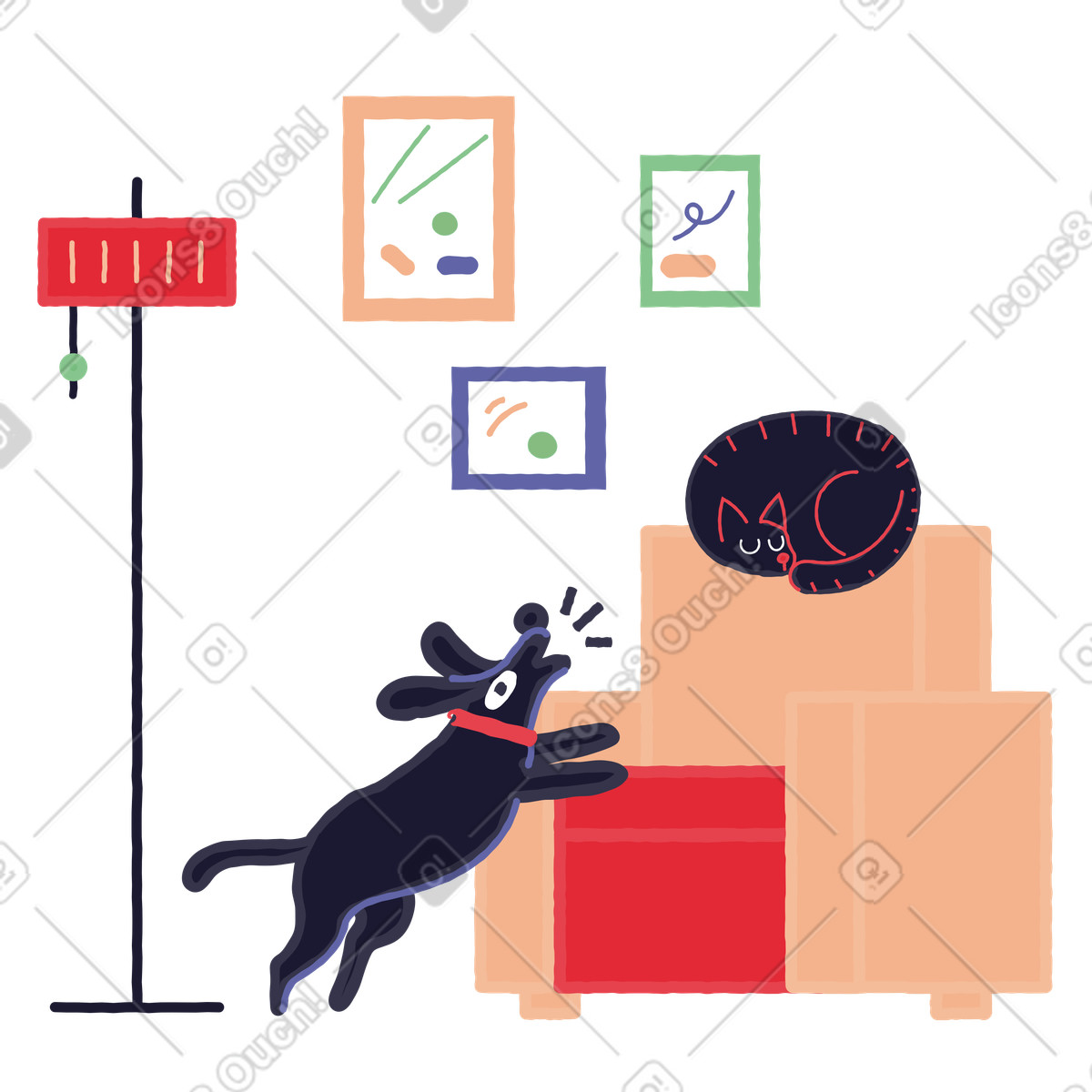 Hund bellt eine schlafende katze im wohnzimmer an-Illustration Stripy-Stil als Download in PNG, SVG
