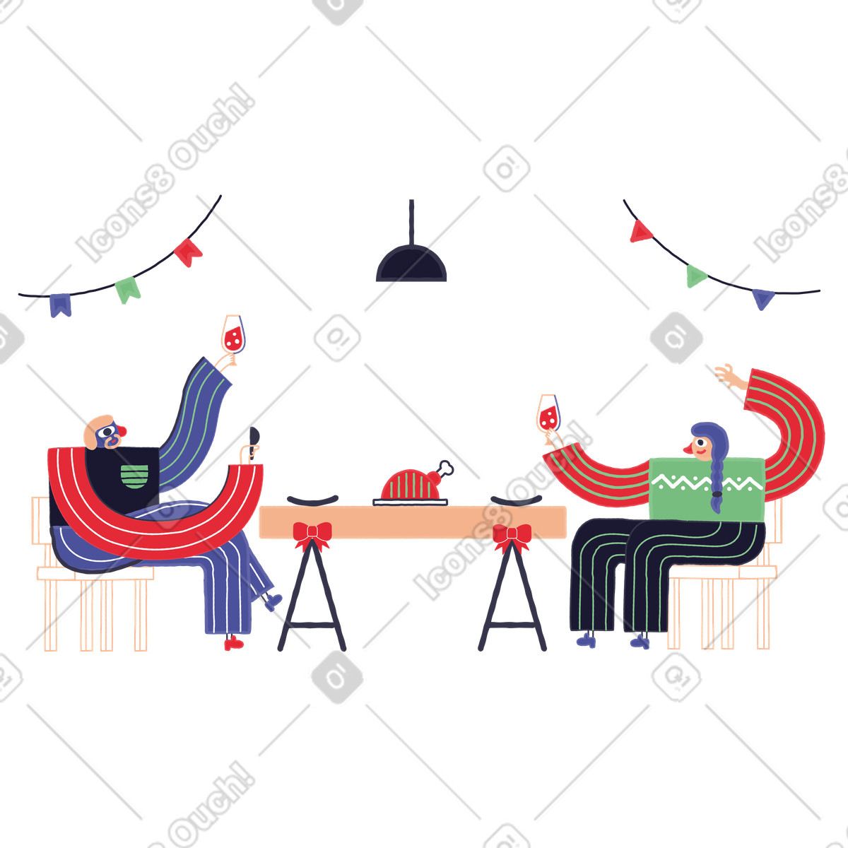 Family gathered around a thanksgiving table illustration dinner clipart for culinary projects