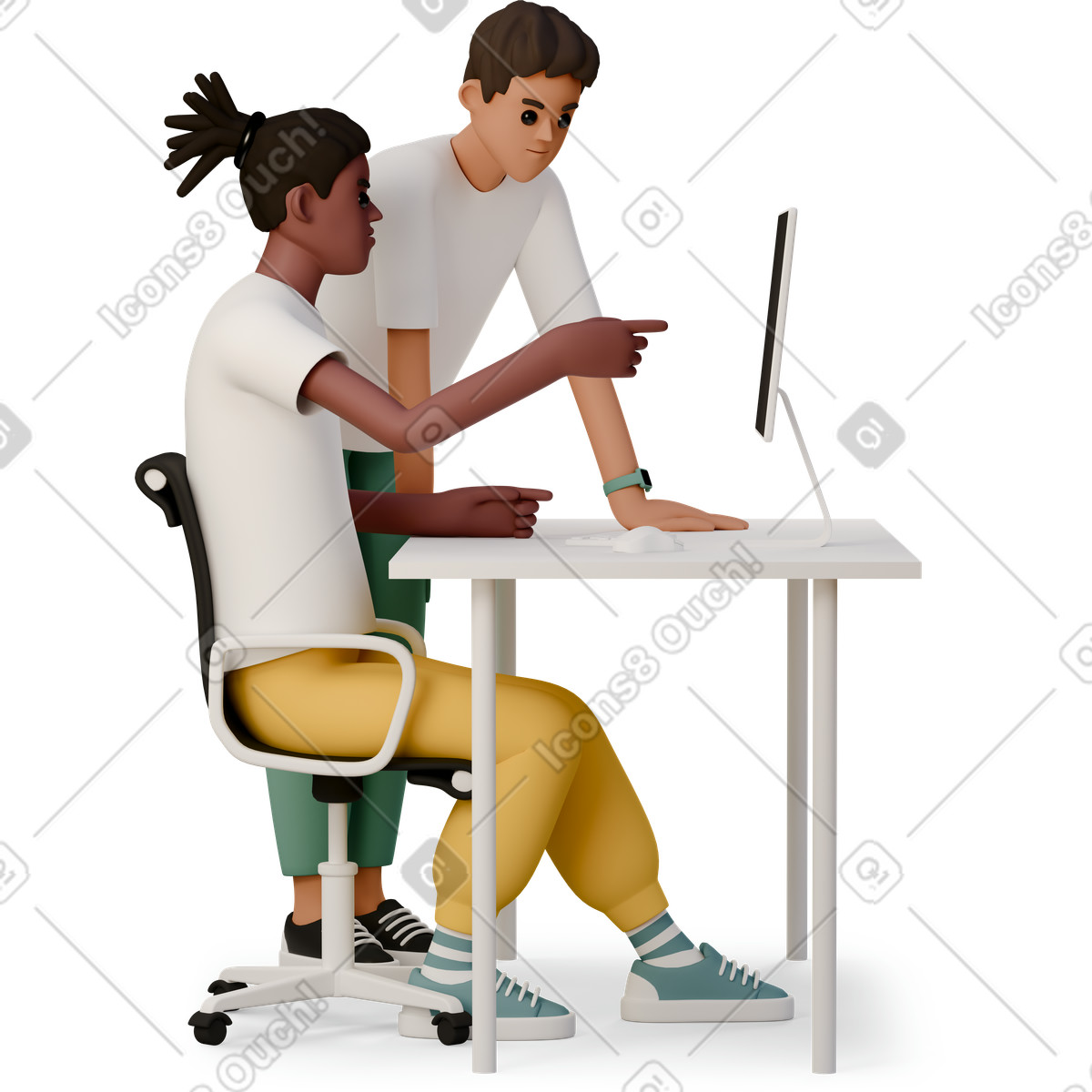 3D Casual life 스타일의 Coworkers collaborating at desktop computer, teamwork and office collaboration 일러스트레이션 PNG, SVG 다운로드