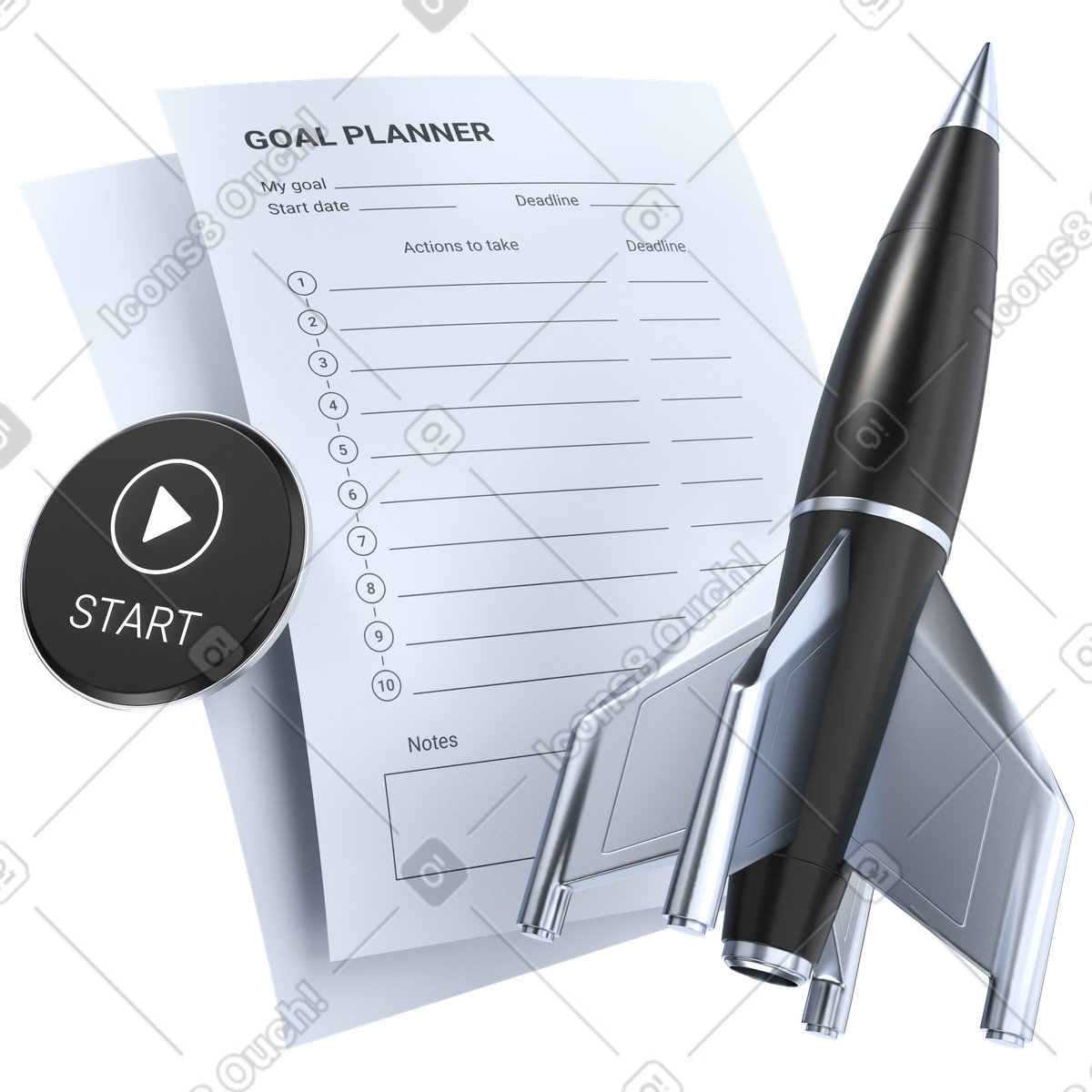 Goal planner sheet with rocket, Startup launch, Business strategy illustration in 3D Pro style download in PNG, SVG