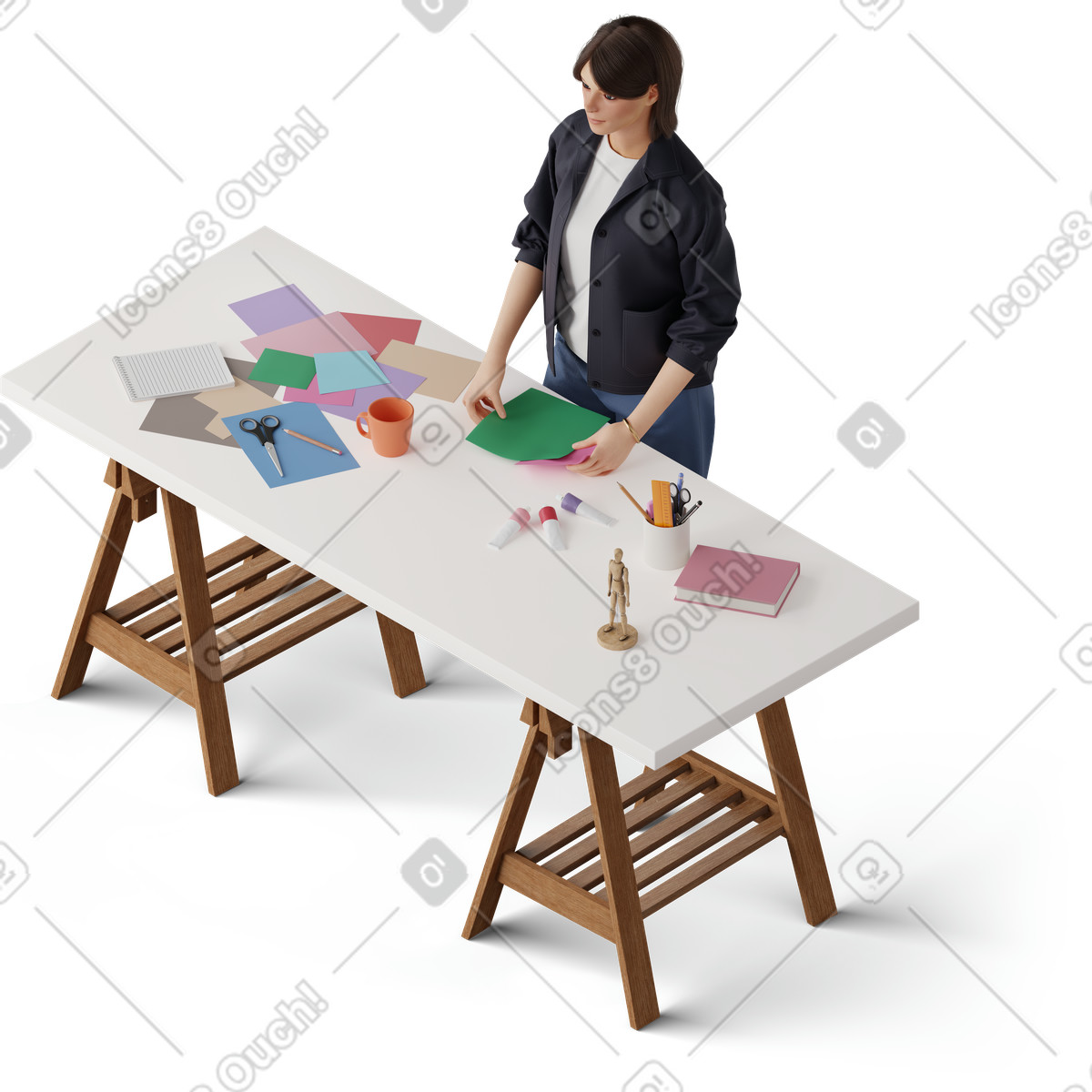 Ilustração de Visão isométrica de jovem classificando papel artesanal em PNG e SVG