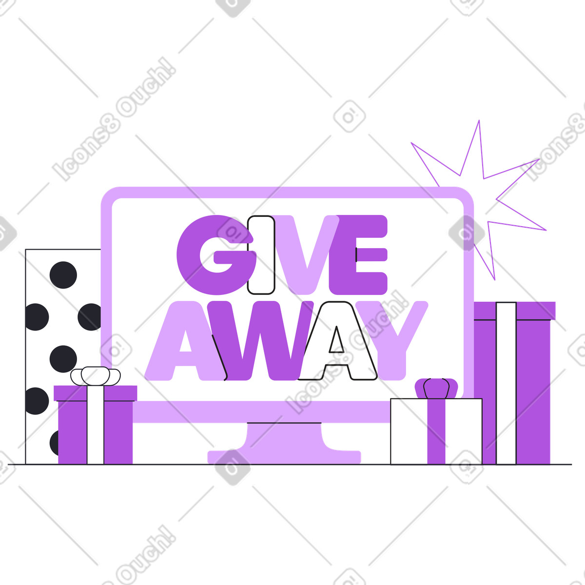 Gift boxes around monitor with giveaway text, Prize promotion, Website banner illustration in Grapy style download in PNG, SVG