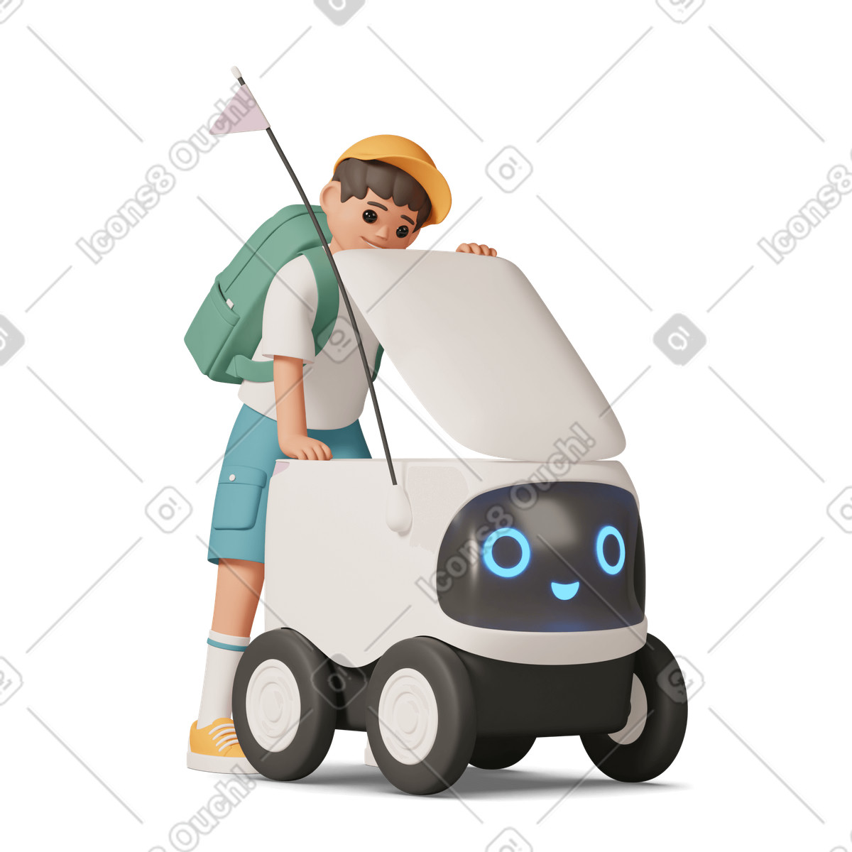 3D Casual life スタイルの School boy with delivery robot のイラストをPNG、SVG形式でダウンロード