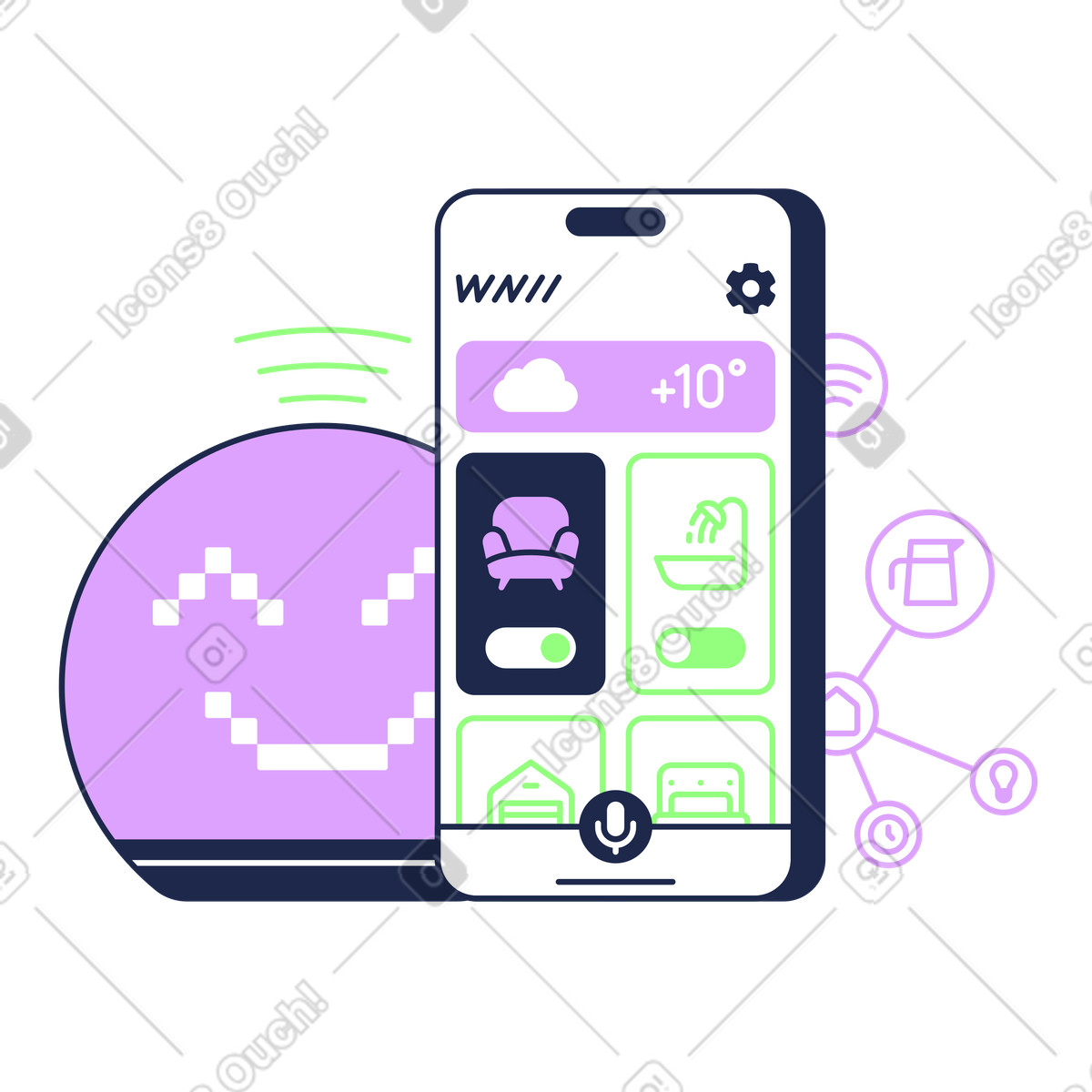 Smartphone with home automation controls, Smart control interface illustration in Outline style download in PNG, SVG