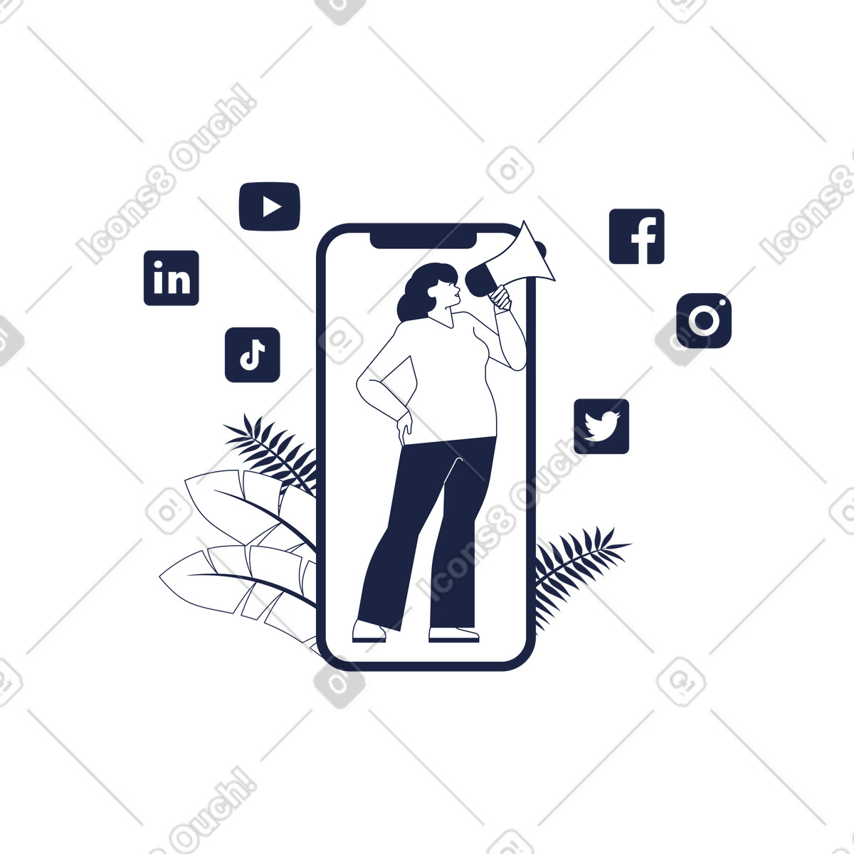 下载 Urban Line 风格的 Person with loudspeaker announcing via mobile phone, social media advertising and marketing promotion 插画，支持 PNG、SVG 格式