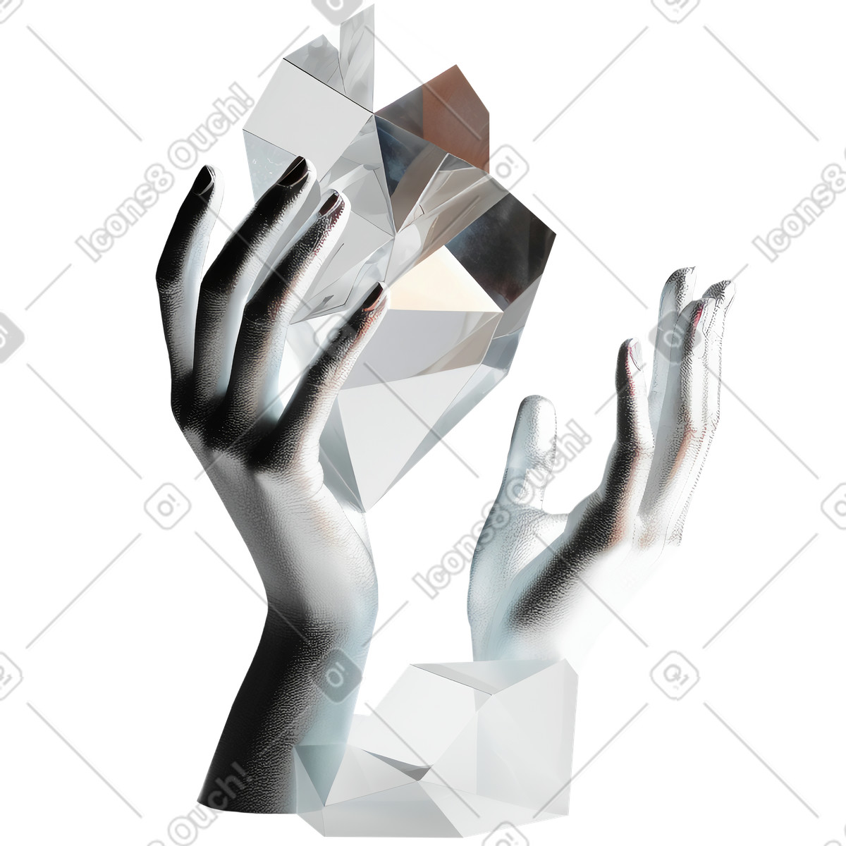 Abstrakte skulptur mit händen aus metall-Illustration im 3D Construction-Stil als Download in PNG, SVG