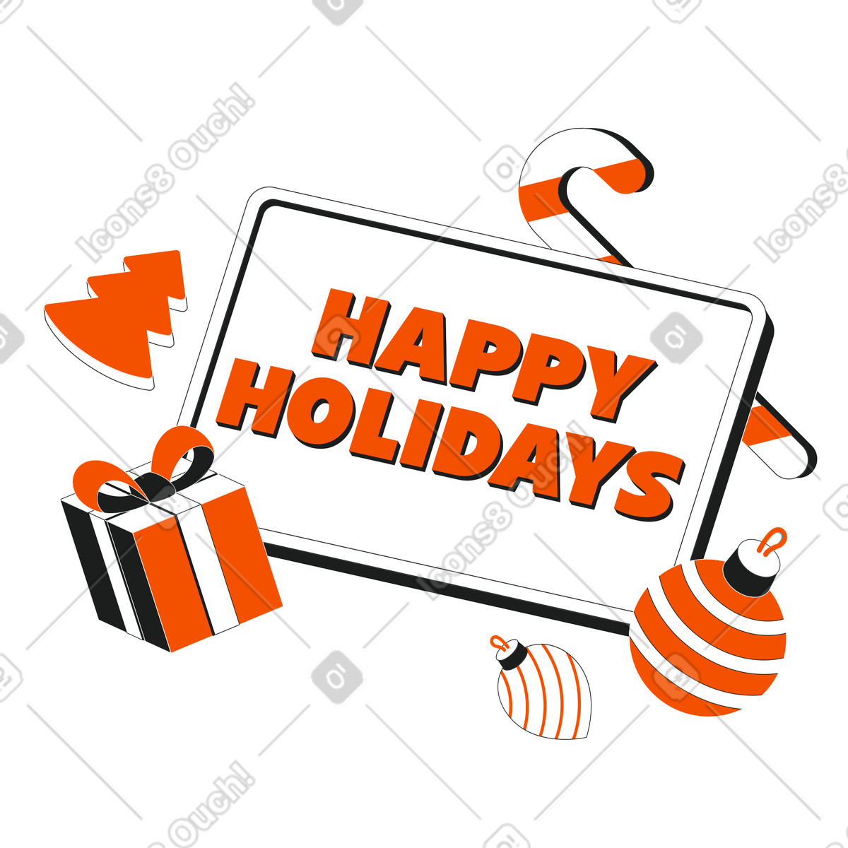 Illustration Happy Holidays lettering with Christmas ornaments, Holiday season celebration dans le style Strict à télécharger aux formats PNG, SVG