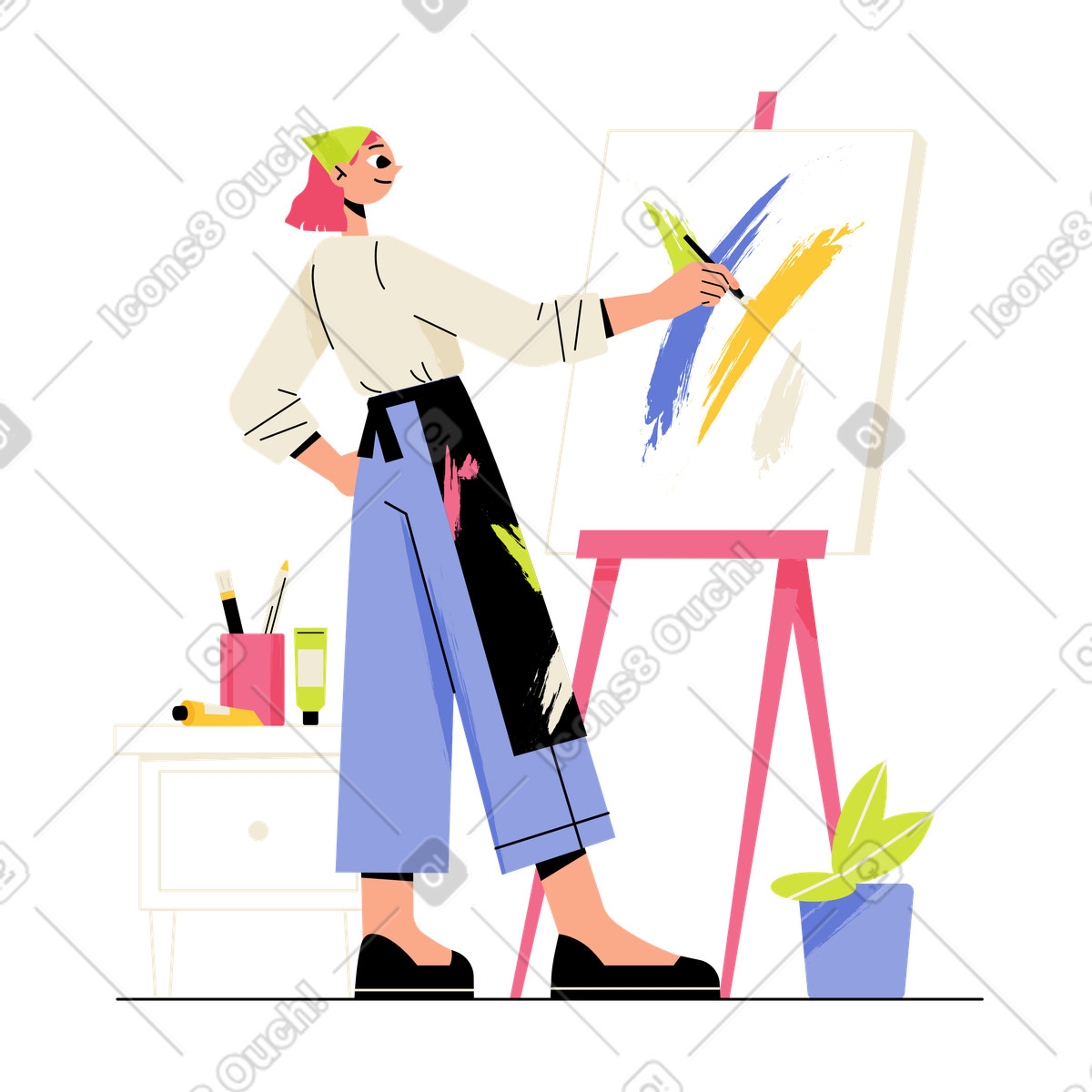 La ragazza disegna un'immagine astratta illustrazione in stile Juicy scarica in PNG, SVG