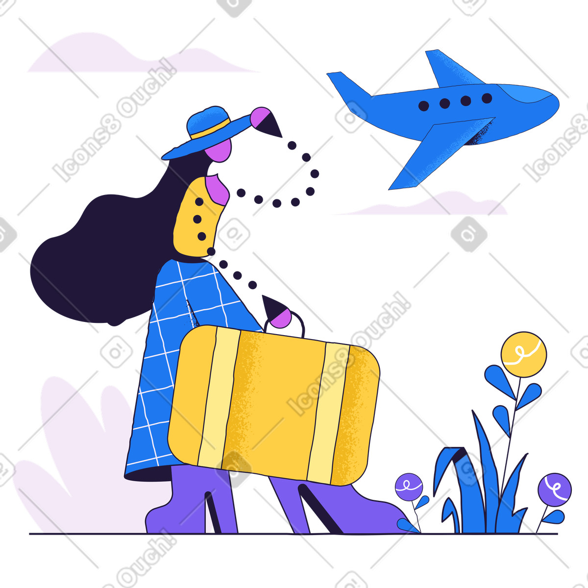 Ilustração de Mulher chapéu e mala indo em viagem no estilo Conifer para baixar PNG, SVG