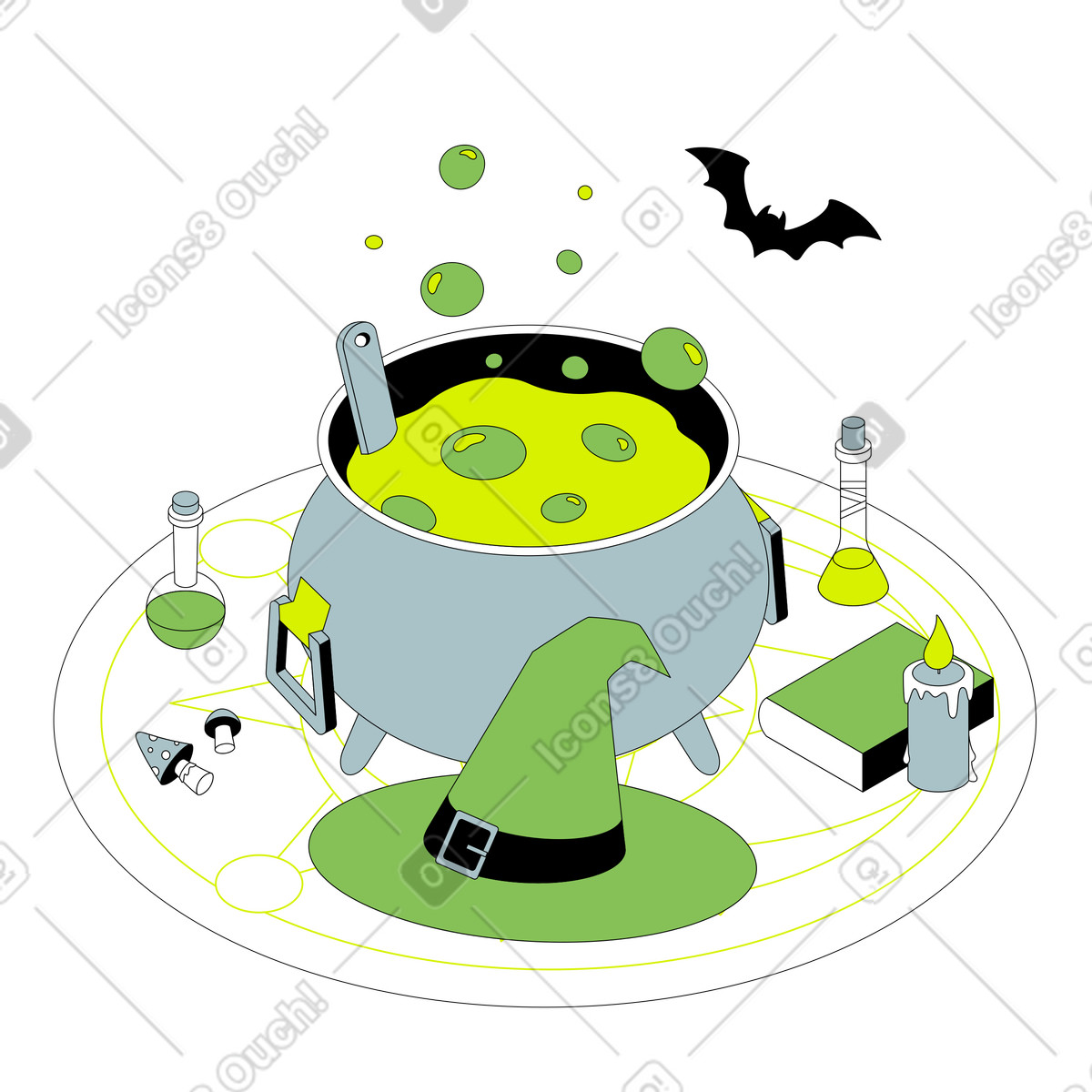 Illustration animée Chapeau de sorcière et chaudron bouillonnant avec potion dans le style Isometric à télécharger aux formats GIF, Lottie (JSON), AE