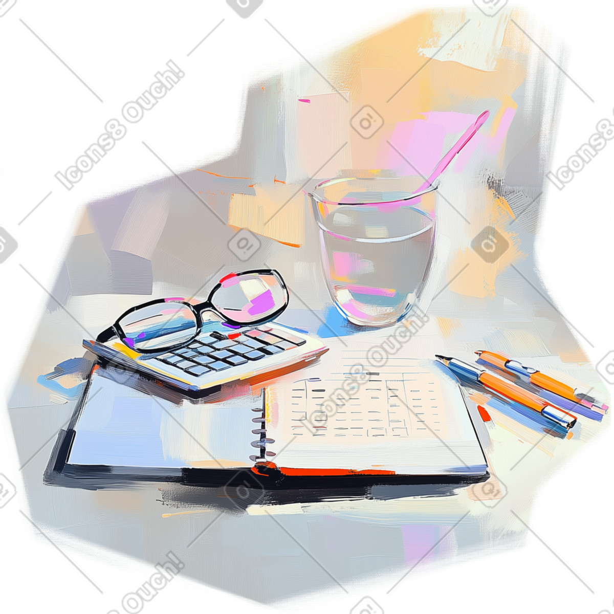 Pictorial 스타일의 Oil painting of accounting with calculator, glasses and pens 일러스트레이션 PNG, SVG 다운로드