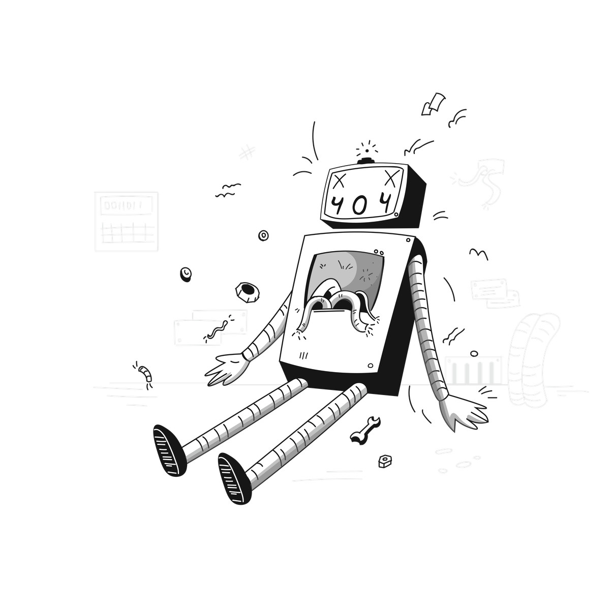 Malfunctioning robot slumping with 404 error screen, Web failure and page not found illustration in Pixeltrue style download in PNG, SVG