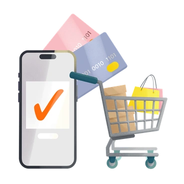A smartphone with a checkmark and shopping cart - Shine style illustration