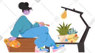 Jeune femme décorant des pots de plantes PNG, SVG