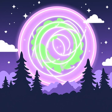 A night sky filled with swirling patterns of lights resembling a halo. The lights are vibrant and dynamic, creating soft waves and arcs that radiate outward. Below the sky, there are silhouettes of tall evergreen trees standing against the backdrop. A few scattered clouds add depth to the scene, framing the rich display of lights above. The landscape beneath is dark, highlighting the vivid spectacle in the sky.