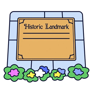 A rectangular historic landmark plaque made of bronze with a polished surface, featuring an embossed border. The plaque contains text in a refined, classic illustration font that reads "Historic Landmark" at the top. Beneath this, there are additional details in smaller text describing the landmark's significance. The plaque is mounted on a stone wall, surrounded by green foliage and colorful flowers at the base.
