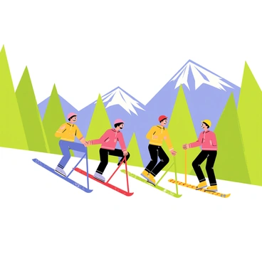 A group of four friends with bright ski helmets is setting off on an adventure along a snowy path. Each friend is riding a colorful ski bike, with a blue bike, a red bike, a green bike, and a yellow bike, all designed with fun patterns. The snowy path is flanked by tall evergreen trees dusted with white snow. In the background, majestic snow-capped mountains rise under a clear blue sky. The friends are smiling and laughing, showcasing their excitement for the adventure ahead.