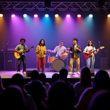 A diverse band of musicians performing on stage during a live concert. The band consists of four members: a Black male guitarist with curly hair, a Hispanic female drummer with colorful tattoos, a white male bassist wearing glasses, and an Asian female singer with long straight hair. They are all dressed in casual, vibrant clothing suited for a lively performance. The stage is equipped with professional sound and lighting equipment, and colorful lights illuminate the musicians as they passionately engage with the audience. The atmosphere is energetic, with the audience visible in the foreground, cheering and enjoying the performance.