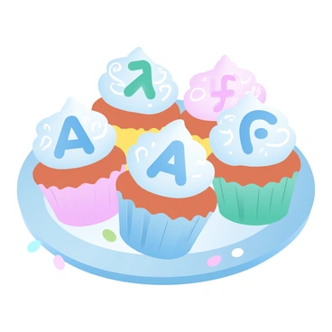 A plate filled with colorful cupcakes, each topped with frosting shaped like a different letter of the alphabet. The cupcakes are in various pastel colors, including pink, blue, yellow, and green. Each letter is prominently displayed atop the frosting, crafted with intricate swirls and patterns. The plate is set on a light background to highlight the vibrant colors of the cupcakes. A few sprinkles are scattered around the plate, adding to the festive appearance.