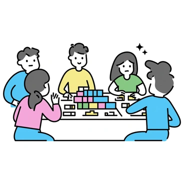 A tabletop board game set on a flat surface. Players are gathered around the game board, focused on constructing a city with a variety of colorful building blocks. Each player has a selection of building blocks in bright colors, including red, blue, green, and yellow. The game board features a grid layout with spaces for the blocks to be placed. In the center, there is a stack of challenge cards that players draw from to determine their building tasks. The atmosphere is engaging, with players actively discussing their strategies and admiring each other’s colorful structures.
