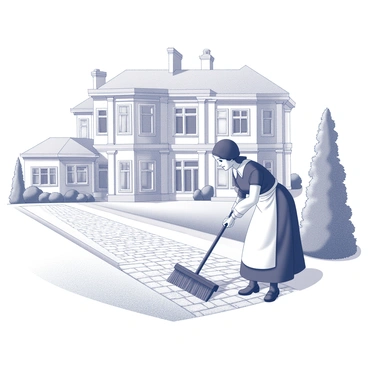 A servant is depicted sweeping a cobblestone path. The path is lined with neatly arranged stones, creating a distinct pattern. In the background stands a stately manor with tall windows and grand architectural features, showcasing its impressive facade. The servant, dressed in a traditional uniform, bends slightly as they move the broom back and forth, collecting dust and debris. The surrounding area features manicured gardens, with neatly trimmed hedges and a few ornamental plants flanking the path.