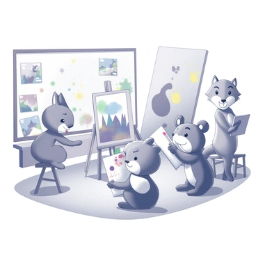 A classroom setting filled with various cartoon animals engaged in different artistic activities. In the center, a rabbit is seated at an easel, carefully painting a colorful landscape. Next to the rabbit, a bear is holding a large sketchpad, focused intently on drawing with a pencil. A playful fox is in the background, covered in paint splatters, experimenting with different colors on a canvas. The walls of the classroom are adorned with playful artwork created by the animals. The atmosphere is lively, with each creature expressing their creativity in their unique way.