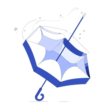 An umbrella is flipping inside out due to a strong gust of wind. The fabric of the umbrella is stretched taut, showcasing its inner ribs and spokes as it bends outward. The handle is gripping the ground, while the wind is visibly swirling around it. The edges of the umbrella are curling upwards, and droplets of water are being blown off the surface, creating a dynamic sense of motion. The scene captures the moment of struggle against the force of nature.