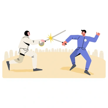 Two fencers are engaged in a duel on a sandy arena. One fencer, wearing a white uniform and a black mask, lunges forward with a silver blade aimed at their opponent. The other fencer, dressed in a blue uniform, parries the attack, their blade clashing against the silver one, creating a spark. Both fencers have determined expressions on their faces as they focus intently on their movements, showcasing their skill and precision. In the background, a cheering crowd can be seen, adding to the intensity of the duel.