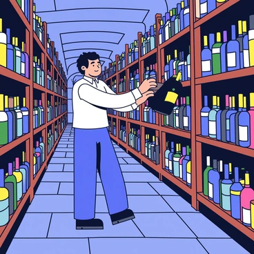 A servant wearing a simple uniform stands in a vast underground cellar filled with rows of wine bottles. The cellar has stone walls and a dimly lit atmosphere, with shadows cast by flickering lights. The servant reaches towards a tall wooden shelf, carefully examining a dark green wine bottle with a gold label, while other bottles in various colors and sizes fill the surrounding shelves. The floor is made of rustic stone tiles, adding to the cellar's aged appearance.