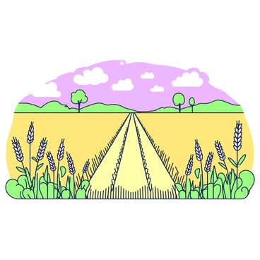 A wide view of a ripe wheat field with golden stalks swaying gently in the breeze. Fresh tractor tracks are clearly visible, cutting through the field in a straight line, with the freshly disturbed earth contrasting against the golden wheat. The tracks lead off into the distance, creating a sense of movement and direction. In the background, the horizon is dotted with a few trees, while a bright sky filled with fluffy clouds stretches above.