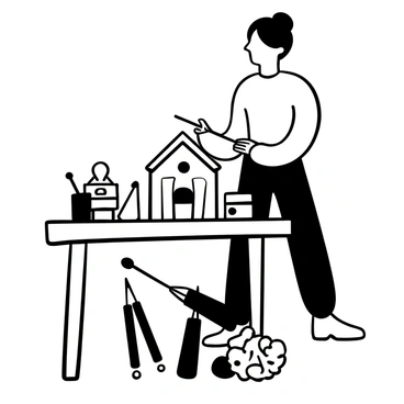 A person standing at a crafting table, focused on painting a wooden birdhouse. The wooden birdhouse is resting on the table, with paintbrushes and small jars of paint scattered around. The person is applying strokes of paint to the birdhouse, which features intricate designs. Various tools and crafting materials are organized on the table, creating a scene of creativity and craftsmanship.