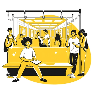 An artist sketching commuters on a busy NYC subway train