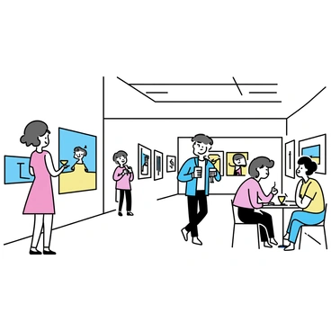 A spacious art gallery with high ceilings and white walls adorned with various colorful paintings. Several people are scattered throughout the gallery, admiring the artworks. A woman in a red dress is standing near a large abstract painting, holding a glass of white wine. A man in a blue blazer is leaning against a wall, sipping a cocktail and looking at a portrait. In another corner, a couple sits at a small table, each with a glass of sparkling water, engaged in conversation. The atmosphere is lively yet sophisticated, with soft lighting highlighting the artworks.