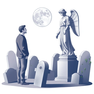 A male figure stands in a graveyard, gazing at an angelic statue. The statue is intricately detailed, depicting an angel with outstretched wings, a serene expression, and flowing robes. Surrounding the statue are weathered gravestones, some partially covered in ivy. The full moon casts a soft light over the scene, illuminating the figure's features and the statue's details. The atmosphere is quiet, with shadows creating a contrast between the light of the moon and the darkened areas of the graveyard. The figure appears contemplative, lost in thought as he admires the angelic presence before him.
