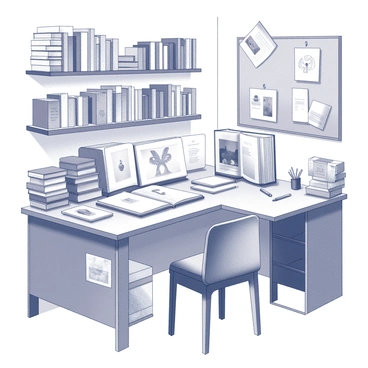 A workspace filled with an array of books stacked on shelves and scattered across the desk. The desk is cluttered with open sketchbooks displaying a variety of drawings, alongside pencils, charcoal sticks, and erasers. A few reference images are pinned on a corkboard nearby. The walls are adorned with sketches and illustrations, showcasing different styles and techniques. A comfortable chair is positioned in front of the desk, inviting the use of the materials scattered throughout the space.
