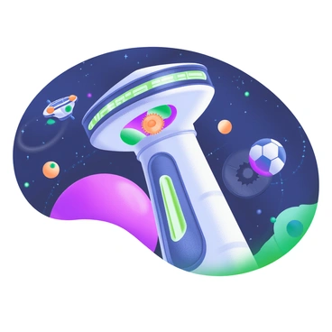 A modern pastel illustration of a "space watchtower" with a sleek design. The watchtower features "rotating cogs and gears" integrated into its structure, visible in the architecture. The tower is set against a cosmic background filled with "stars" and "planets", showcasing the vastness of space. The colors of the watchtower are soft pastels, enhancing its futuristic look. Various small spacecraft can be seen flying around the tower, adding a sense of activity to the scene.