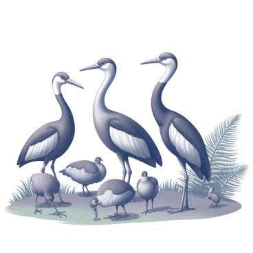 A peaceful scene of moa birds coexisting with native fauna such as kiwis and kakapos