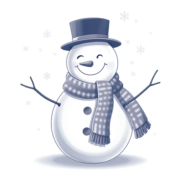 A snowman with a round body and a slightly smaller head, sitting in a snowy landscape. The snowman has a large, friendly smile carved into its face. It is adorned with a warm knitted scarf that is brightly wrapped around its neck, draping down in front. The scarf features a textured pattern, adding a cozy appearance. On the snowman's head, there is a classic black top hat that contrasts with the white snow. Surrounding the snowman, snowflakes are gently falling, creating a wintery atmosphere.