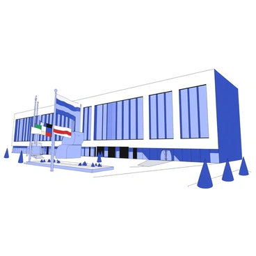 An exterior view of the NATO headquarters building. The building features a modern architectural design with large glass windows and a prominent entrance. In front of the building, there are multiple flagpoles displaying the flags of various NATO member countries. The flags are arranged in a row, fluttering in the wind against the backdrop of the headquarters. The surrounding area includes a well-maintained landscape with trees and paved walkways.