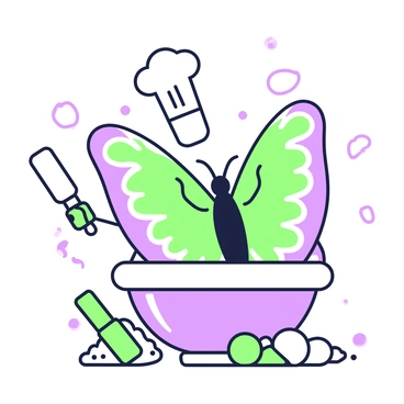 A cartoon chef butterfly is hovering in the center of the image. The butterfly has large, colorful wings with intricate patterns. It is holding a tiny rolling pin in its front legs. The butterfly is wearing a white chef's hat on its head, slightly tilted to one side. The background features a large mixing bowl and various ingredients scattered around, such as flour and eggs, emphasizing the culinary theme.